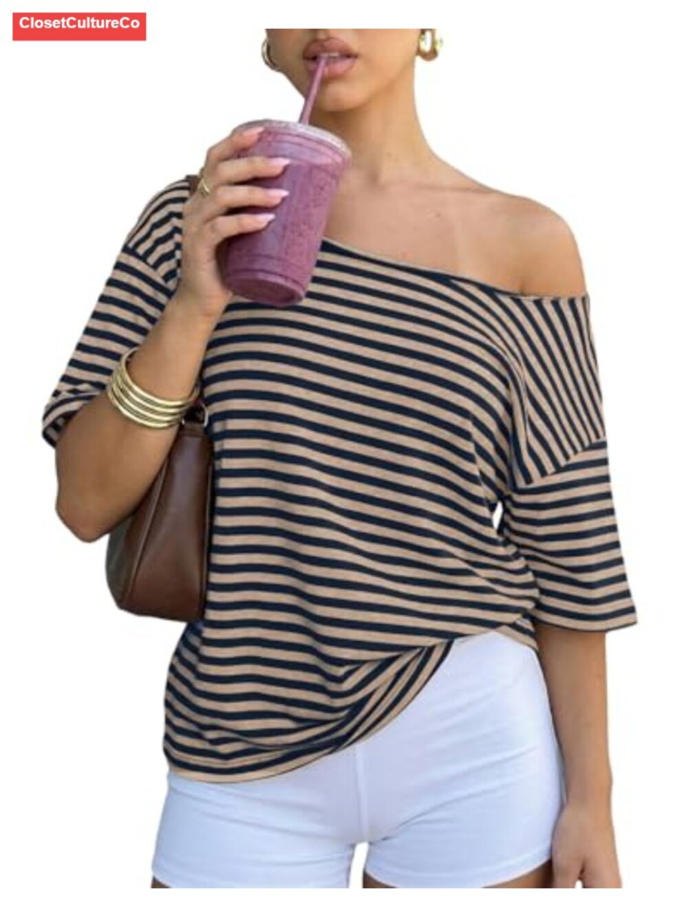 One Off Shoulder Striped Tee Oversized Loose Fit Y2K Summer Top